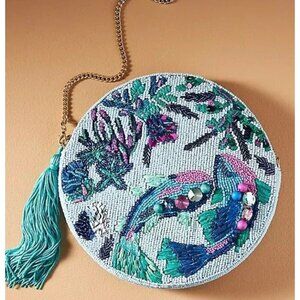 Anthropologie Under the Sea Embroidered Beaded Round Clutch Bag with Tassel NWT